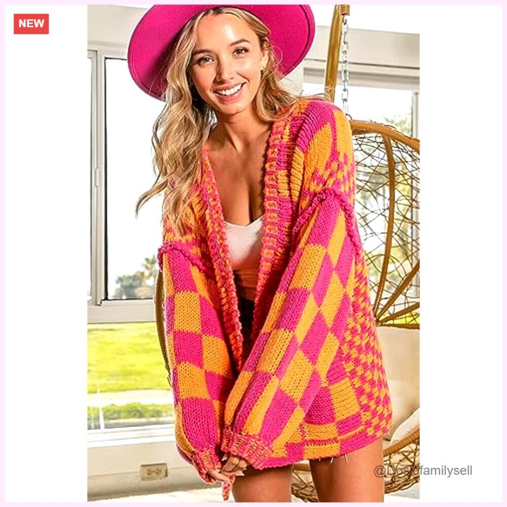 Chunky Knit Cardigan, Oversized Fit, Acrylic, Open Front, Plaid Pattern - Picture 5 of 7